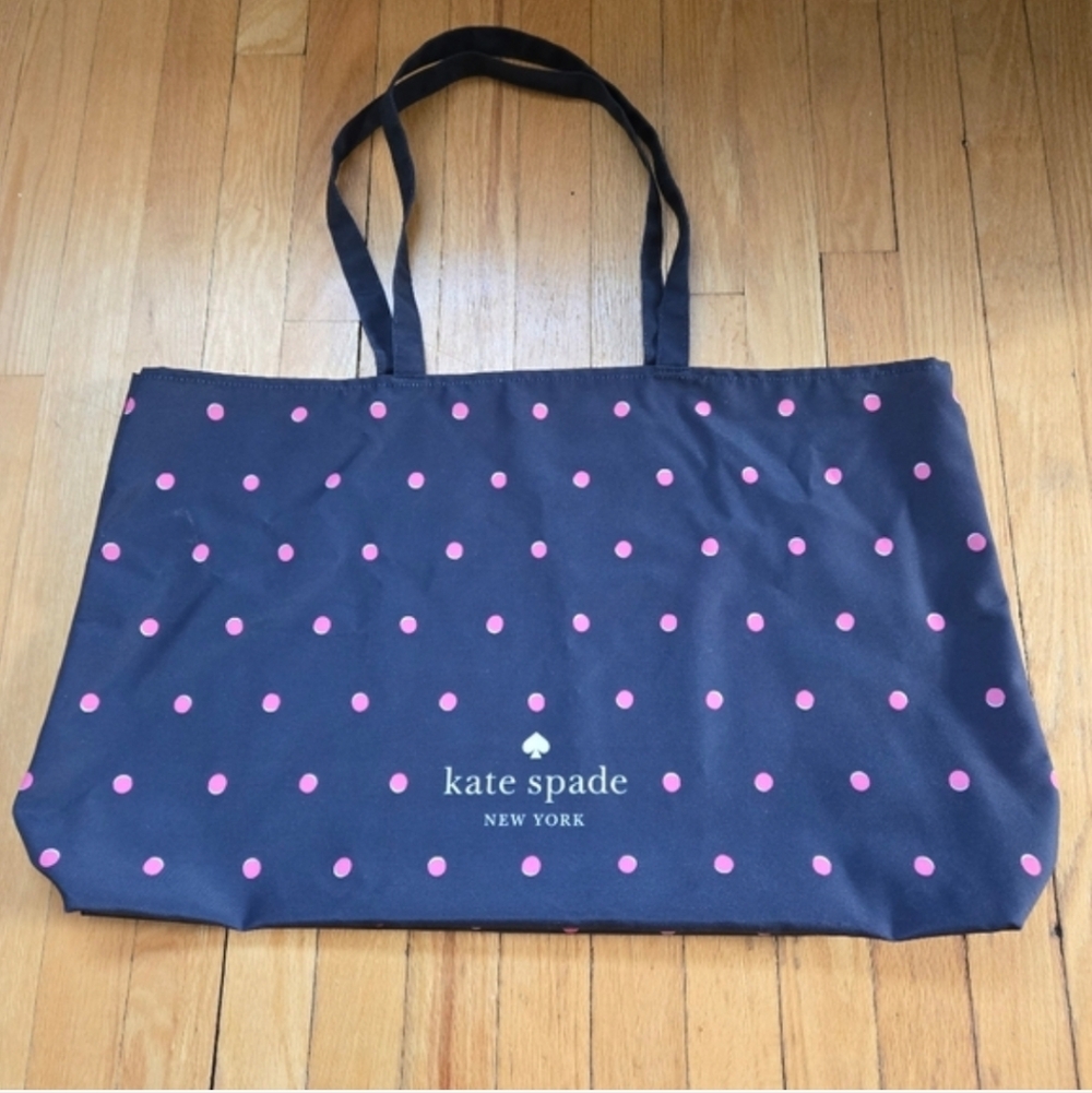 Kate Spade Nave Blue With Pink Polka Dots Large Canvas Bag - Picture 2 of 6